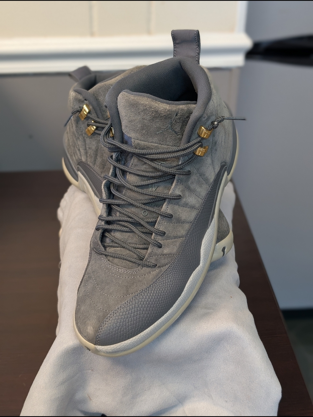 Jordan Men's Gray Suede High-Top Sneakers with Gold Accents